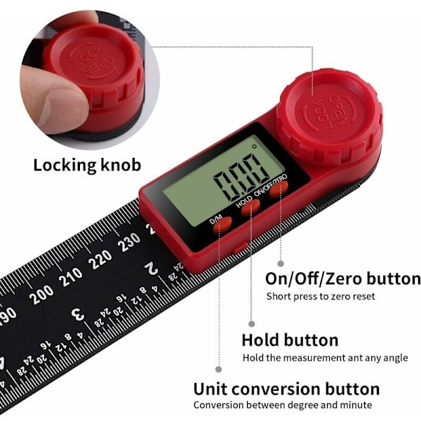 Mätverktyg (200 mm), digital vinkelmätare, gradskiva, lutningsmätare, elektronisk goniometer, med stor LCD-skärm