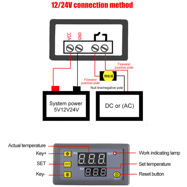 Digitalt display termostatmodul Mikro termostatkort (rød-blå 12v)