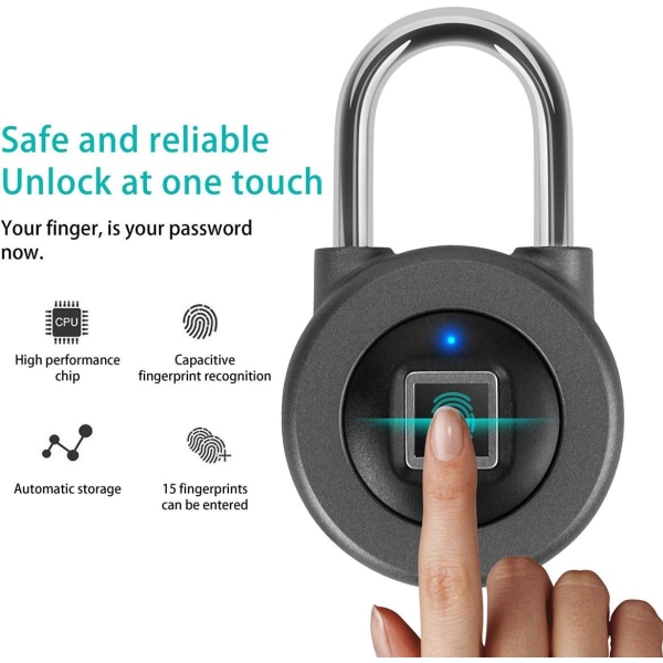 Sort - Fingeraftryks hængelås, nøglefri sikkerhedslås, USB genopladelig, IP67 vandtæt, kan bruges indendørs og udendørs