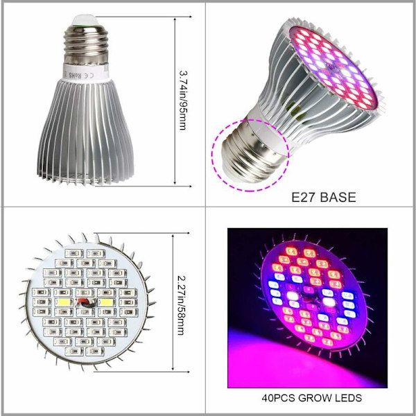 E27 LED-viljelylamppu kasveille, 30W E27 40LED täyden spektrin kasvilamppu, AC 85-265V, sisätilojen kukka- ja kasvulamppu puutarhaan / vesiviljelyyn