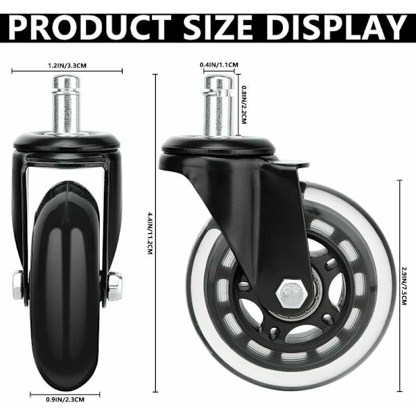 Hiljaiset toimistotuolin pyörät, 5 kpl:n setti, 360° pyörivät tuolin pyörät, universaalit kääntöpyörät 11 mm x 22 mm, laakeri- ja kulutuskestävät