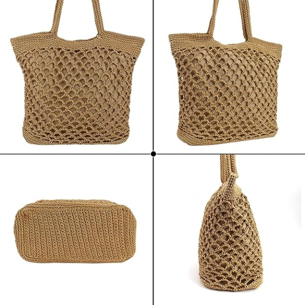 Bomullstrådar väva handväska casual sommar strand tote handgjord halm axelväska, ljusbrun
