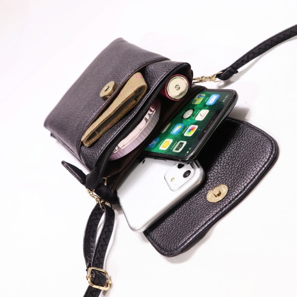 Women's small leather phone bag (black), small crossbody phone bag wallet, women's phone shoulder bag, 3-layer zippered women's phone bag, wallet wi