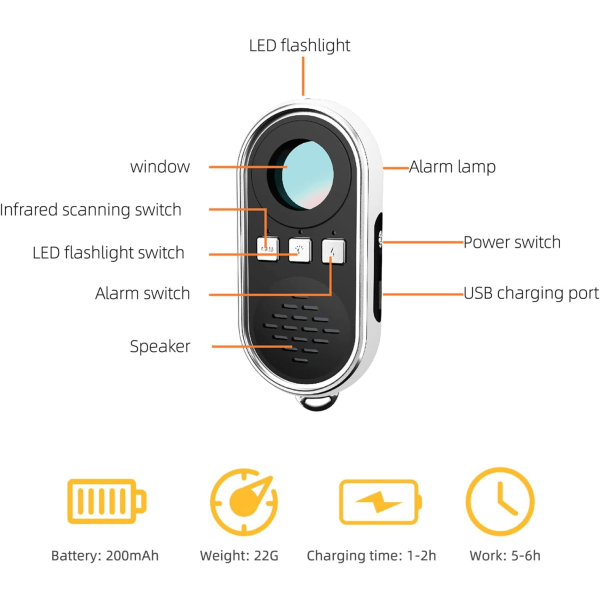 Minikameradetektor, bærbar antispiondetektor, personvernbeskytter, multifunksjonell antityverialarm med LED-sikkerhetsalarm med blits, for reisehjemmekontor
