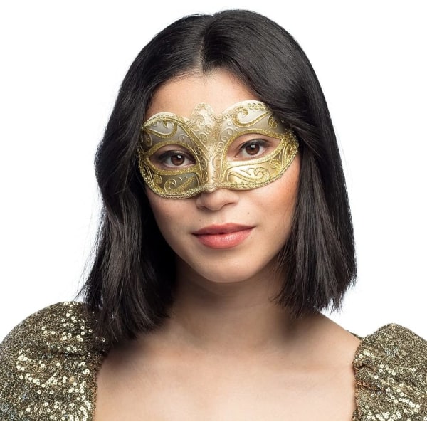 Venedig Felina ögonmask, guld, resår, ornament, maskeradboll