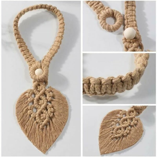 Set med 2 beige knappmanschetter, bladformade gardinkit, krokar, repstödögla, handgjord vävning, bohemisk pompom, dekoration, brun