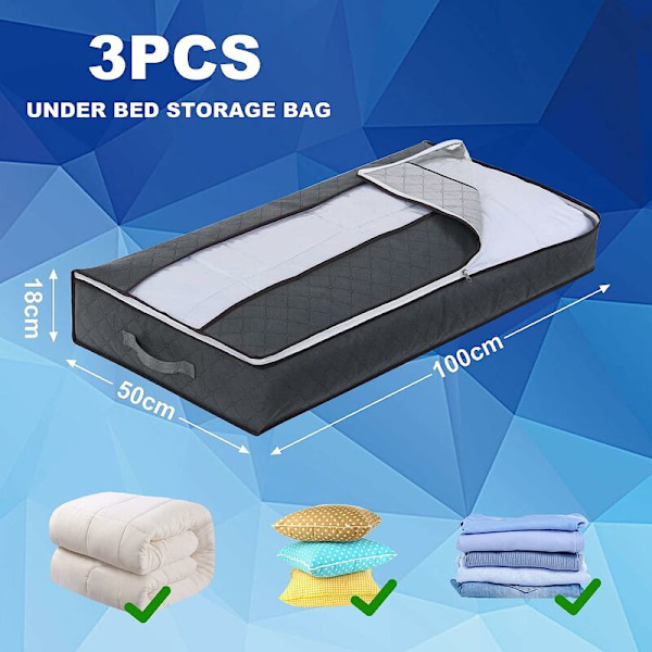 Förvaringsväska under sängen, 3-pack, stor hopfällbar förvaringsväska under sängen, förvaringsväskor för täcken, täcken, filtar, kuddar, leksaker, kläder (100 x 50 x 15