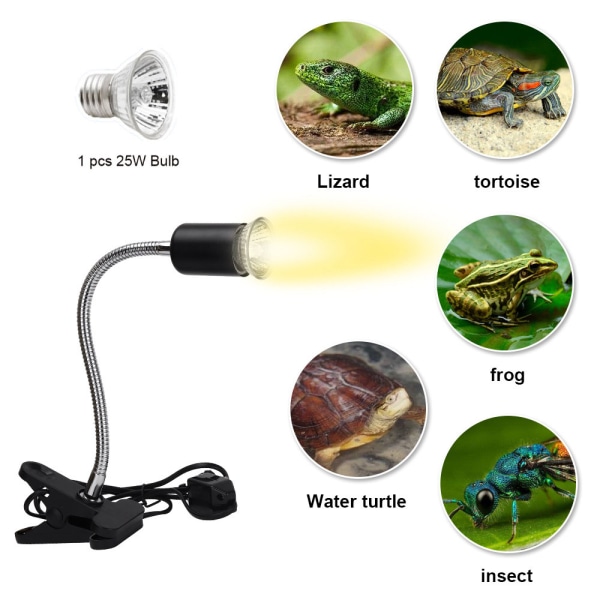 2 stk. 1* UVA UVB 25W pærer + 1* lampehus, krybdyrlampe skildpadde opvarmet lampe med lang base 360° rotation til krybdyr og krybdyr