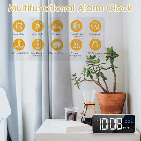 Digitalt vækkeur med LED-display, USB-opladningsport, lydstyring, alarmtoner, justerbar lydstyrke og lysstyrke, 12/24 timer, snooze-funktion, B