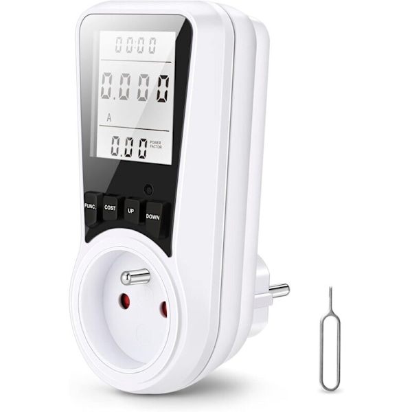 Wattimittaripistorasia energiamittari, sähkönkulutuspistorasia 7 valvontatilalla ja taustavalaistulla LCD-näytöllä, sähkönkulutuksen mittaus