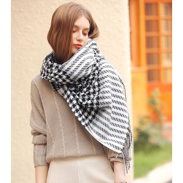 Dames Mode Lang Sjal Sort og Hvid Gitter Vinter Varmt Gitter Tørklæde, Super Blødt Klassisk Cashmere Følelse Ternet Vintertørklæde