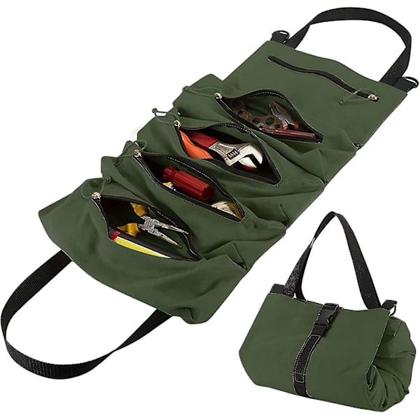 Verktygsrulle Organizer Väska, Heavy Duty Canvas Verktygsförvaringsficka med 5 Dragkedjefickor för Skiftnycklar, Hylsor, Skruvmejslar och Mer (Armégrön)