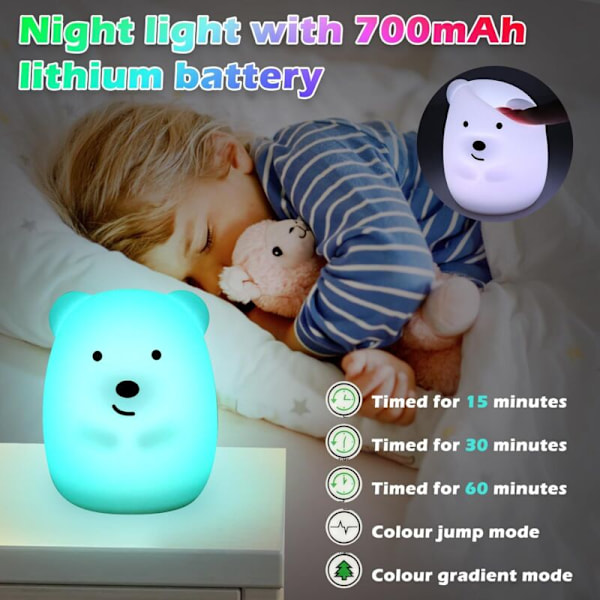 Baby Bjørn Natlampe, Børne Natlampe, Silikone Natlampe, Genopladelig LED Natlampe, med Timerfunktion, Fjernbetjening, Touch Natlampe fo