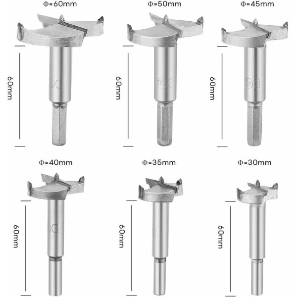 6 stk. Forstner træbor, hårdmetal træfræser diameter 30/35/40/45/50/60mm, til formning af huller træbearbejdning, installation af sfærisk