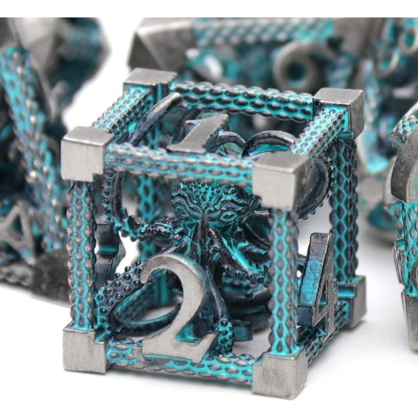 7 Dungeons and Dragons Terninger (Blå), HNCCESG Polyhedral Terningesæt Metal Blæksprutte 3D Hul Rollespil Terninger D4/D6/D8/D10 (0-9 og 00-90)/D12/D20