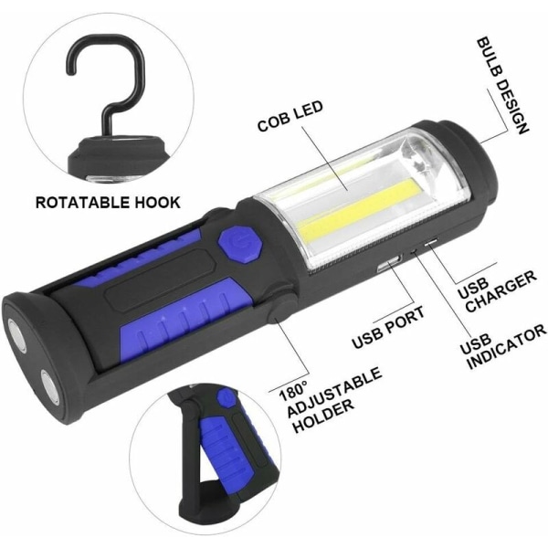 Ladattava LED-työvalo, jossa magneettinen LED-taskulamppu, 2200 mAh COB LED, 650 lm, 3 W, autotalliin, työpajaan, leirintään, tee-se-itse-töihin, sininen