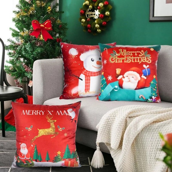 4 stk. røde juleputetrekk, 45x45 cm Santa Claus Putepute, juleputetrekk i fløyel, juleputer med juledekor