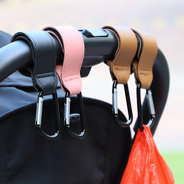 2 strollers krokar (svart + brun + rosa), premium läder stil barnvagn klämma rem, barnvagn krokar för blöjor väskor matvaror väskor, mamma krokar promenad