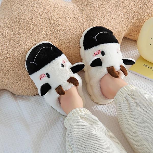 Sødt ko-tøfler, skridsikre hjemmesko, behagelige og varme tøfler, kawaii-tøfler, hvid/sort blød bund casual tøfler til børn