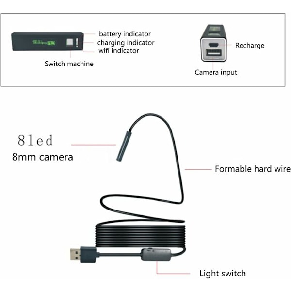 Industriel WiFi Endoskop 5.0 Megapixel HD IP68 Boreskop Vandtæt 8 Justerbar LED Inspektionskamera 600mAh Batteria til Android, iOS 4.2 (over