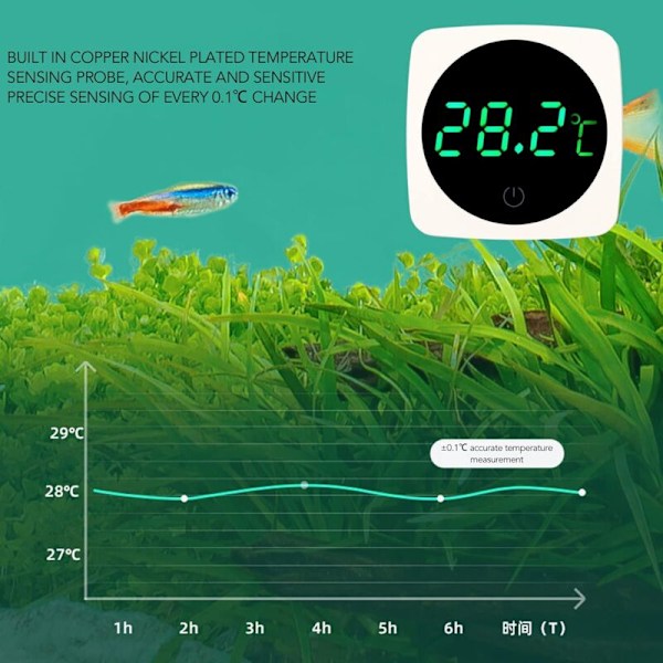 Akvarietermometer, LED digital displaytermometer, 0,1 ℃ Touch-läge och högprecisionsklocka LED Digital termometer för akvarium
