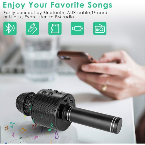 Lasten karaoke langaton Bluetooth-mikrofoni (musta), 5-in-1 kannettava kädessä pidettävä kaiutinsoitin tallennin, säädettävä miksaus FM-radio, sopii lapsille