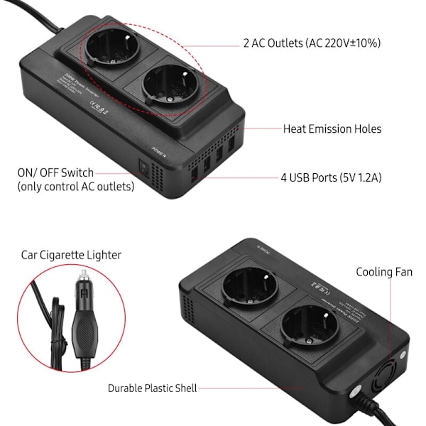 Bil strømomformer 200 W DC 12 V til AC 220 V med 2 CA 4 porte 4 porte USB tænd/sluk beskyttelse sikker beskyttelsesadapter til PortaBl telefon