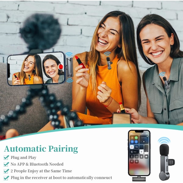 Langaton Lavalier-mikrofoni iPhone/iPad/iOS-laitteille, 2 kpl Mini-langaton mikrofoni kohinanvaimennuksella/mykkätoiminnolla YouTubeen, TikTokiin, Vlogiin, Facebookiin