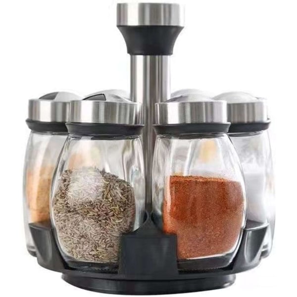 Opbevaringsglas - Enkelt krydderibeholdersæt med 6 krydderiflasker og en krydderihylde, drejelige krydderiglas