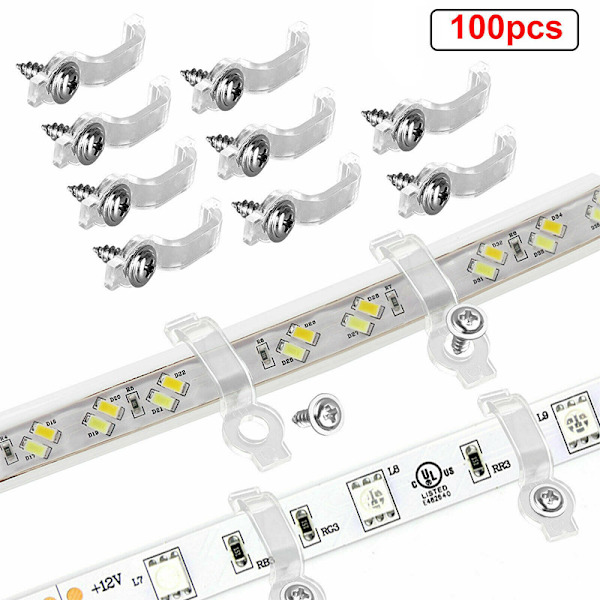 100 st LED-remsmonteringsklämmor, inklusive LED-remsmonteringsfäste, transparenta LED-remsljusmonteringsklämmor, med skruvar