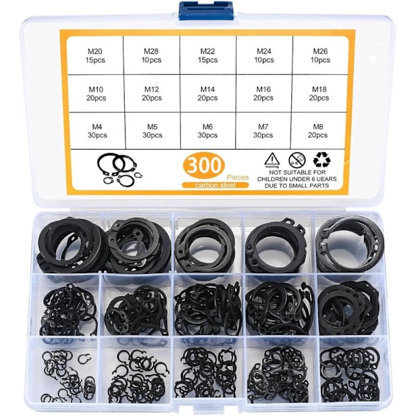 300 Delar E-clips Extern Låsring Kit, Snap Circlip Sortiment, Circlip Låsringar, M4-M28