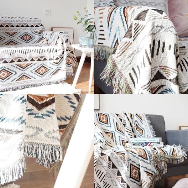 (Geometriska mönster, 130x180cm) Sofföverdrag med tofsar, soffplädar, stickad filt, etnisk stil, för hemmet, kontoret, resor, th