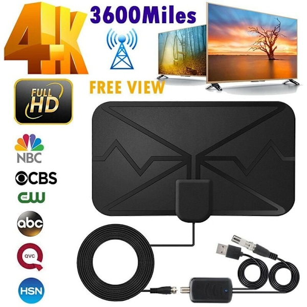Digital indendørs TV-antenne 3600 mile 4K, DVB-T HD digital TV-antenne for flere kanaler, sort