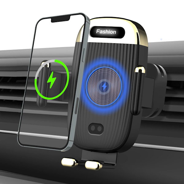 Trådløs bilholder for lader, sensor automatisk klemming, for bilens luftventil, passer til iPhone 14 Pro 13 12 XS Samsung S21/S22Ultra, svart
