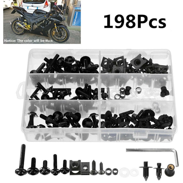 198 delar/set Sats med kåpskruvar, Kit Boulon Universal Motorcykelkåpa Fästen Kitches Crossworms Sår Cruss KLIPS Sortiment (Svart)