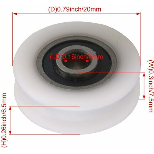 4 stk. 4x20x6.5x7.4mm hvit innvendig dia 4mm u-spor nylon trinsehjul for skyvedør