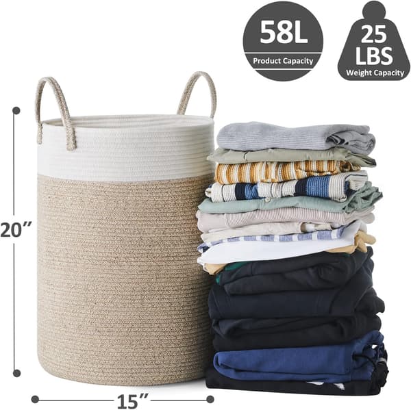 Tvätthållare Tvättkorg Förvaringskorg Smutskläderkorg Bomullsrep 40cm(D) x50cm(H) Brun