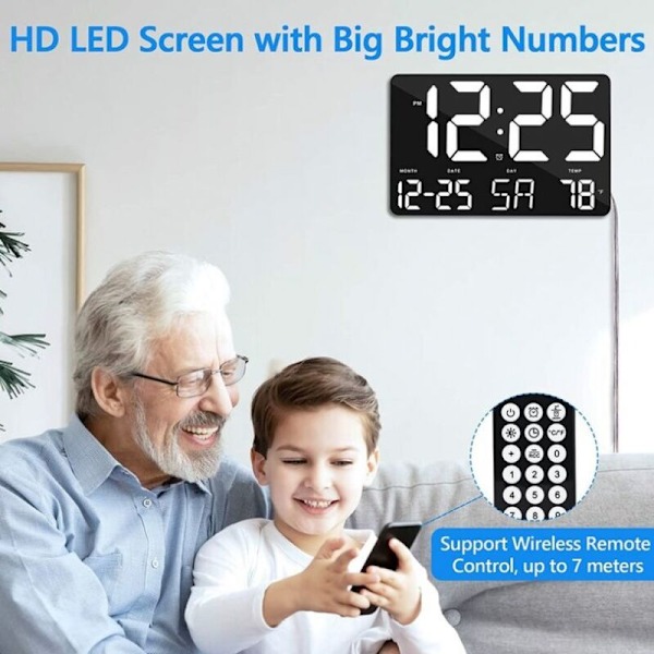 Digital klokke, digital veggklokke med en stor 30 cm LED-skjerm, justerbar lysstyrke, med dag og dato, innetemperatur, slumrefunksjon, 12/