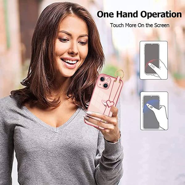 Sött glänsande pläterat telefonskal med handledsrem för iPhone 14 Pro Max, rosa slimmat skal