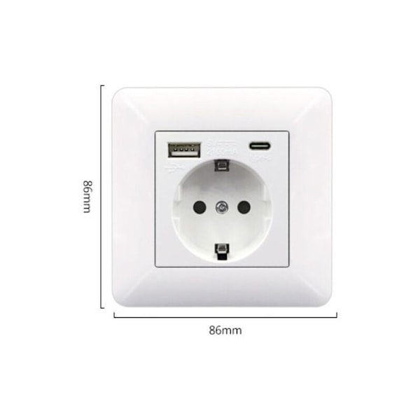 Ranskalainen Type-c+USB16A Type 86 -pistorasiapaneeli, Pistorasioiden määrä: 2 reikää, USB-porttien määrä: 1, Type-c-porttien määrä: 1, Turvallinen ja tukeva (Valkoinen neliö)