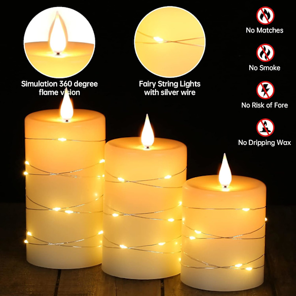 LED-ljus, batteridrivna ljus, med inbäddade ljusslingor, 3-delade flamlösa ljus, med 10-tangenters fjärrkontroll, 24-timmars timerfunktion, dansande fl