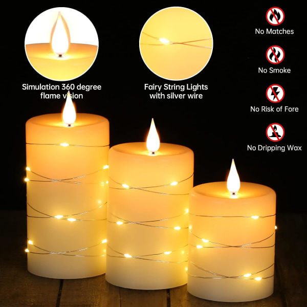 LED-ljus, batteriljus, med inbäddade ljusslingor, 3-delade flamlösa ljus, med 10-tangenters fjärrkontroll, 24-timmars timerfunktion, dansande fl