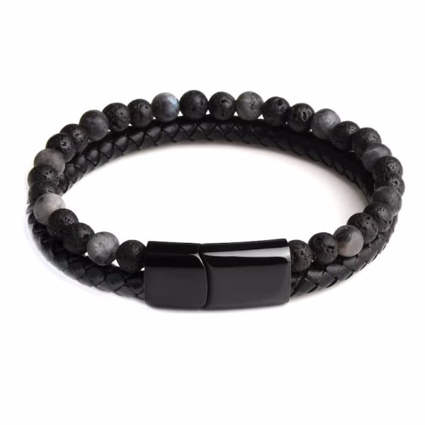 (grå vulkanske stenperler) 23cm herre armbånd med aftagelig rustfrit stål magnetisk spænde til nem længdejustering