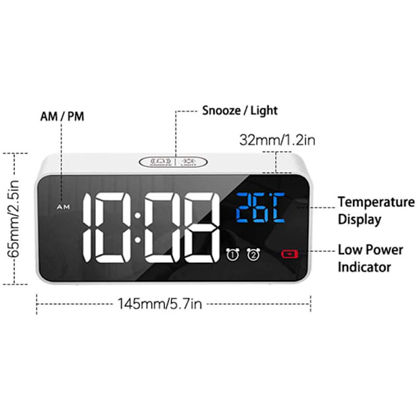 Digitalt vækkeur med LED-display, USB-opladningsport, lydstyring, alarmtoner, justerbar lydstyrke og lysstyrke, 12/24 timer, snooze-funktion, B