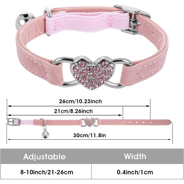 Rosa hjerteformet kattehalsbånd med sikkerhetsbelte og rhinestone-klokke f