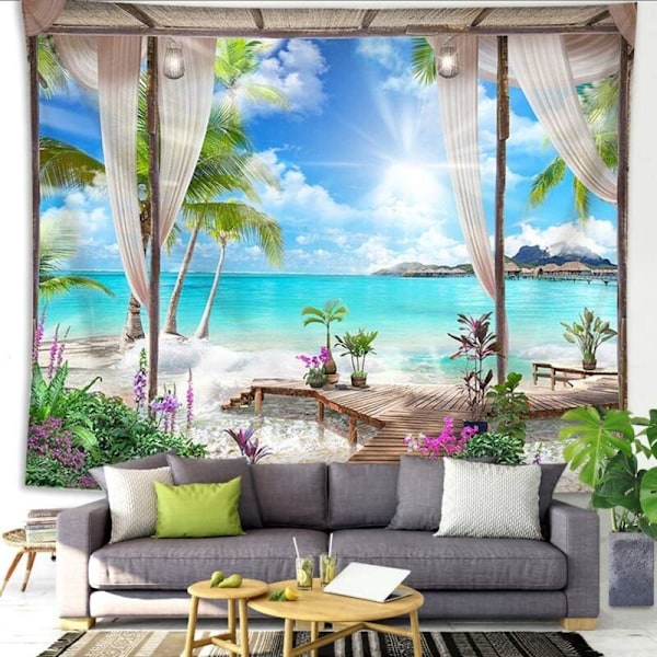 Stranddekoration gobeläng, hav, tropisk ö, palm, panoramautsikt från balkongen, tropiskt sommarlandskap, väggbonad att hänga för b