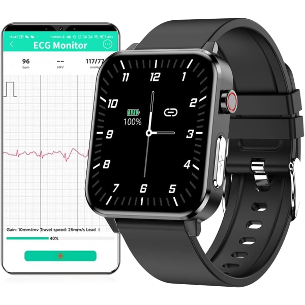 Smart Watch, 1,7 tommer 240*280 LED-skærm, IP68 vandtæt termometer, aktivitetsmåler med puls, til Android iOS, sort