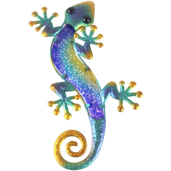 Utomhusväggdekor i metall Gecko Ödla Trädgårdskonst Blå Glas Hängande Prydnad för uteplats eller staket (15,7\" lång)