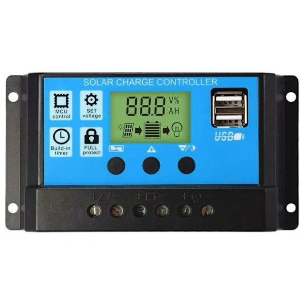 Lataussäädin aurinkopaneeleille, 12 V / 24 V, 30 A, LCD-näyttö, kaksi USB-porttia