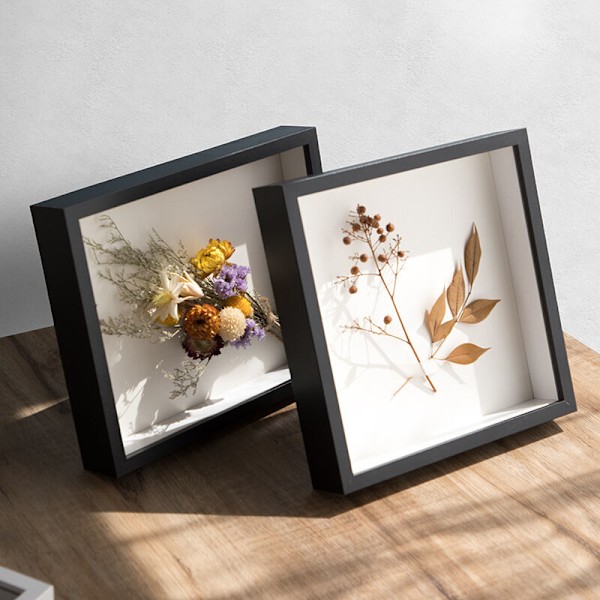 2 stk. dyb 3D ramme 20x20 cm, til vægophæng kontor tørrede blomster håndværk (sort)